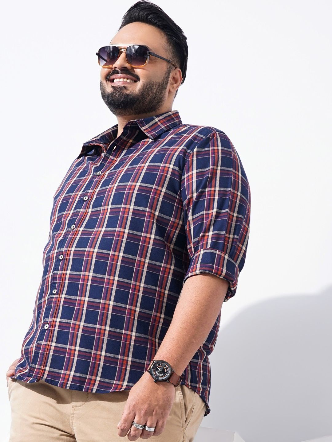 The Indian Garage Co Plus Size Windowpane Checked Cotton Casual Shirt