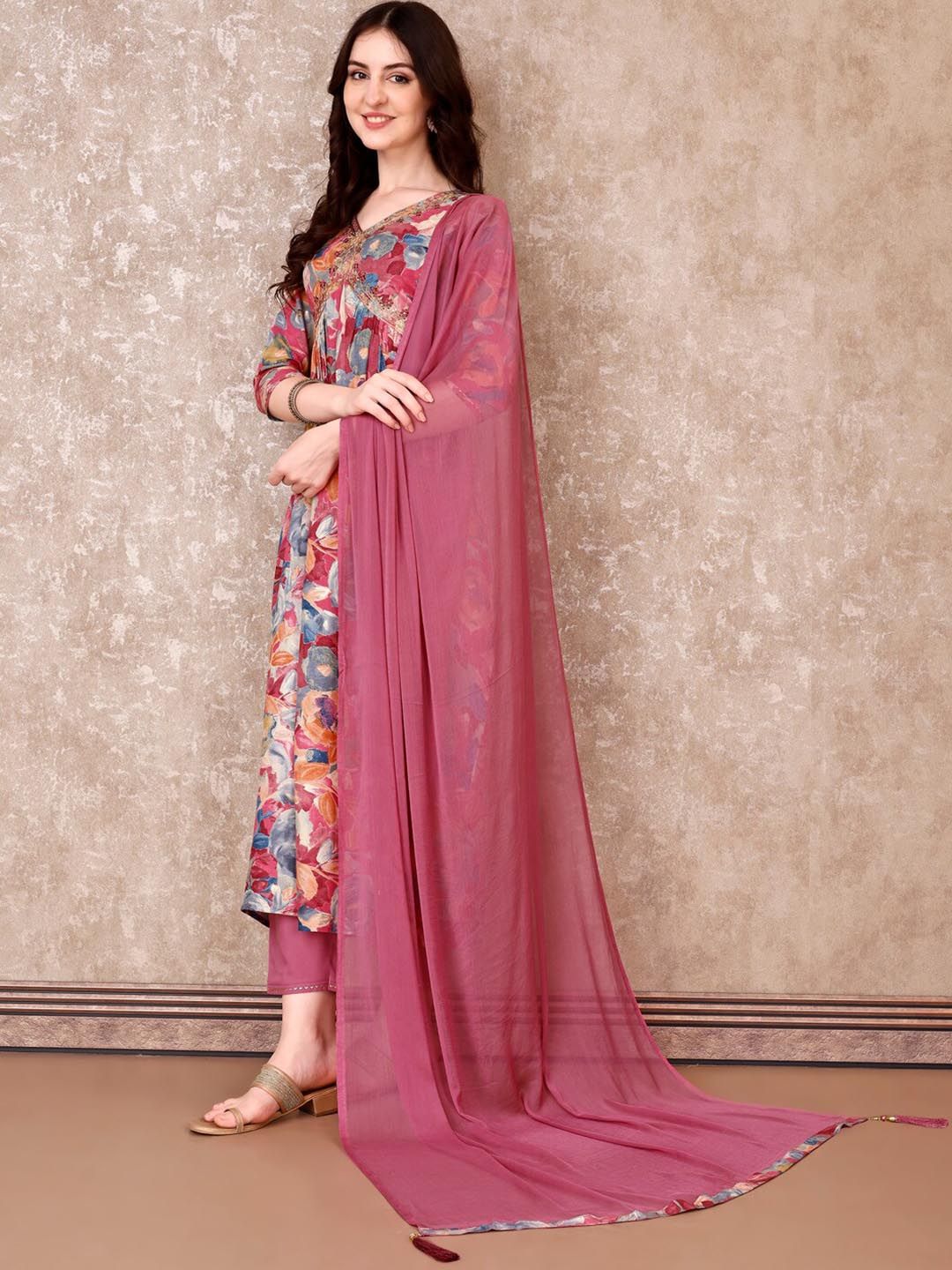 KALINI Floral Printed Regular Thread Work Anarkali Kurta With Trousers & Dupatta