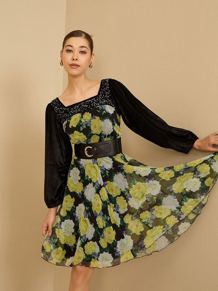 Antheaa Women Floral Printed Embellished Fit & Flare Dress