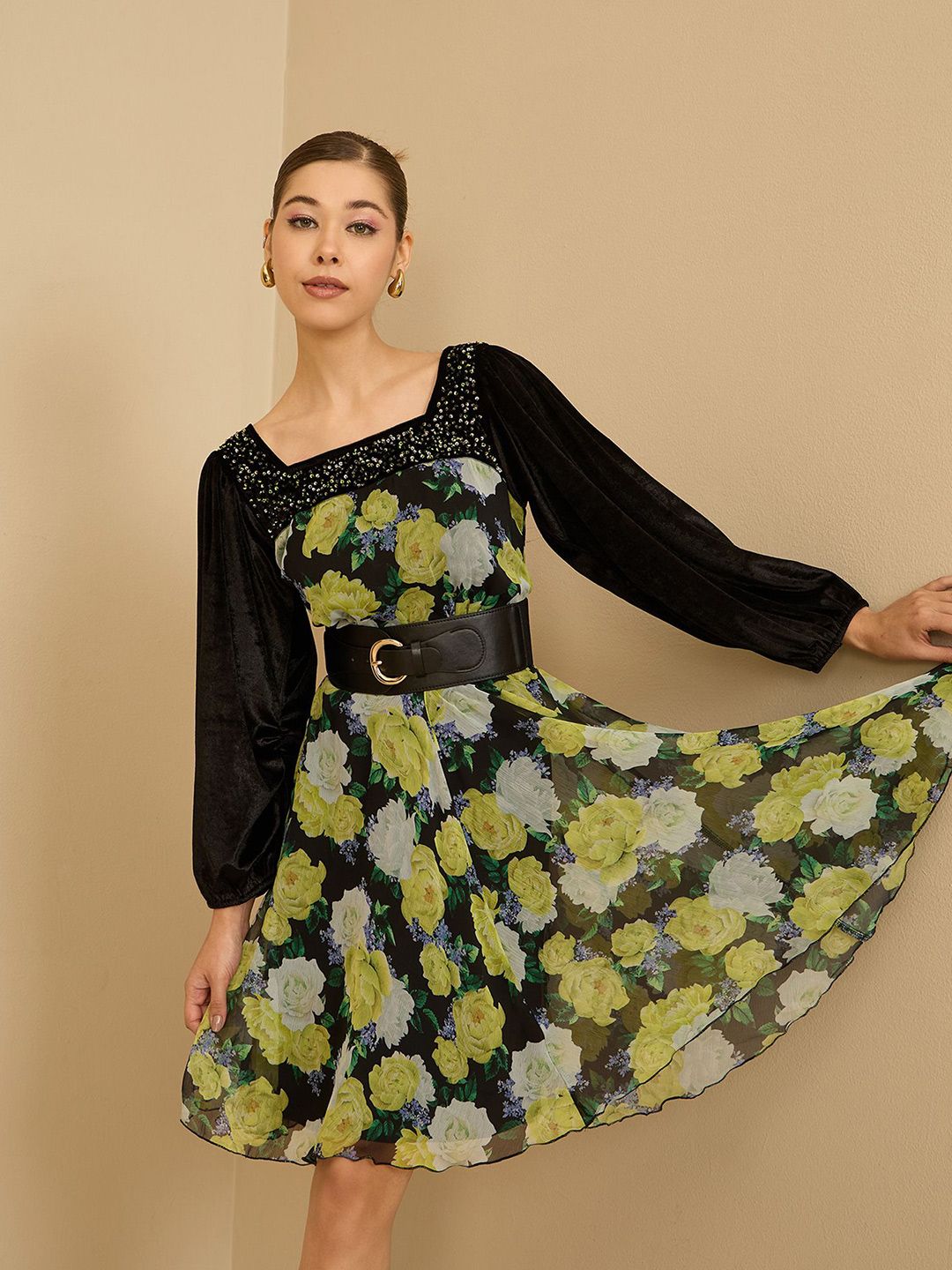 Antheaa Women Floral Printed Embellished Fit & Flare Dress
