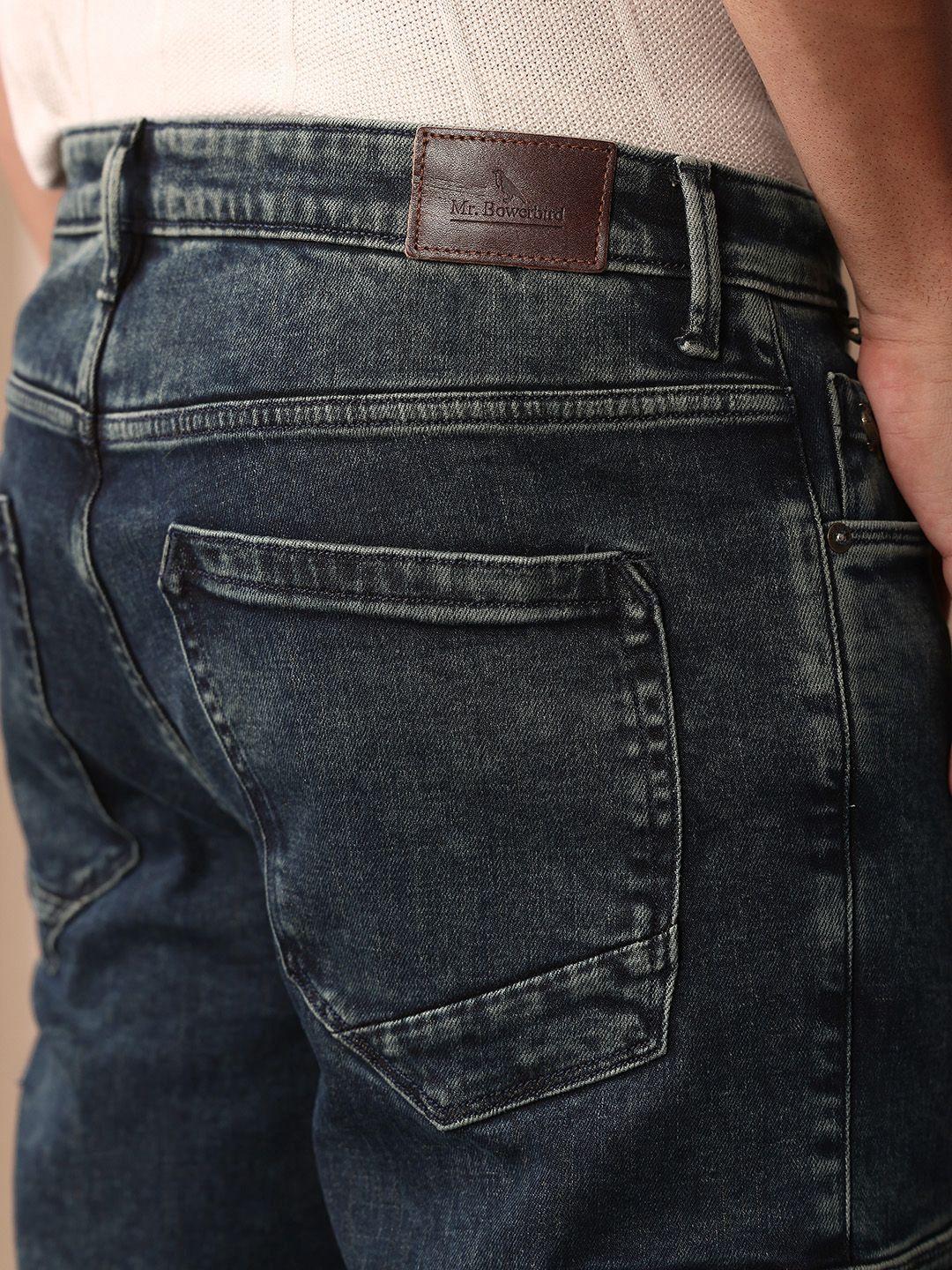 Mr Bowerbird Men Tapered Fit Mid-Rise Light Fade Cropped Stretchable Cargo Styles Jeans