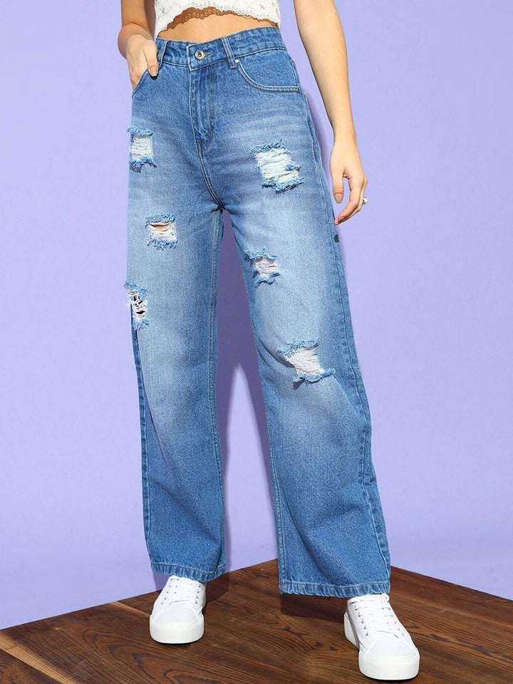 STREET 9 Wanita Seluar Jeans Heavy Fade Berkobar Biru Berkobar-kobar Tinggi Sangat Bermasalah