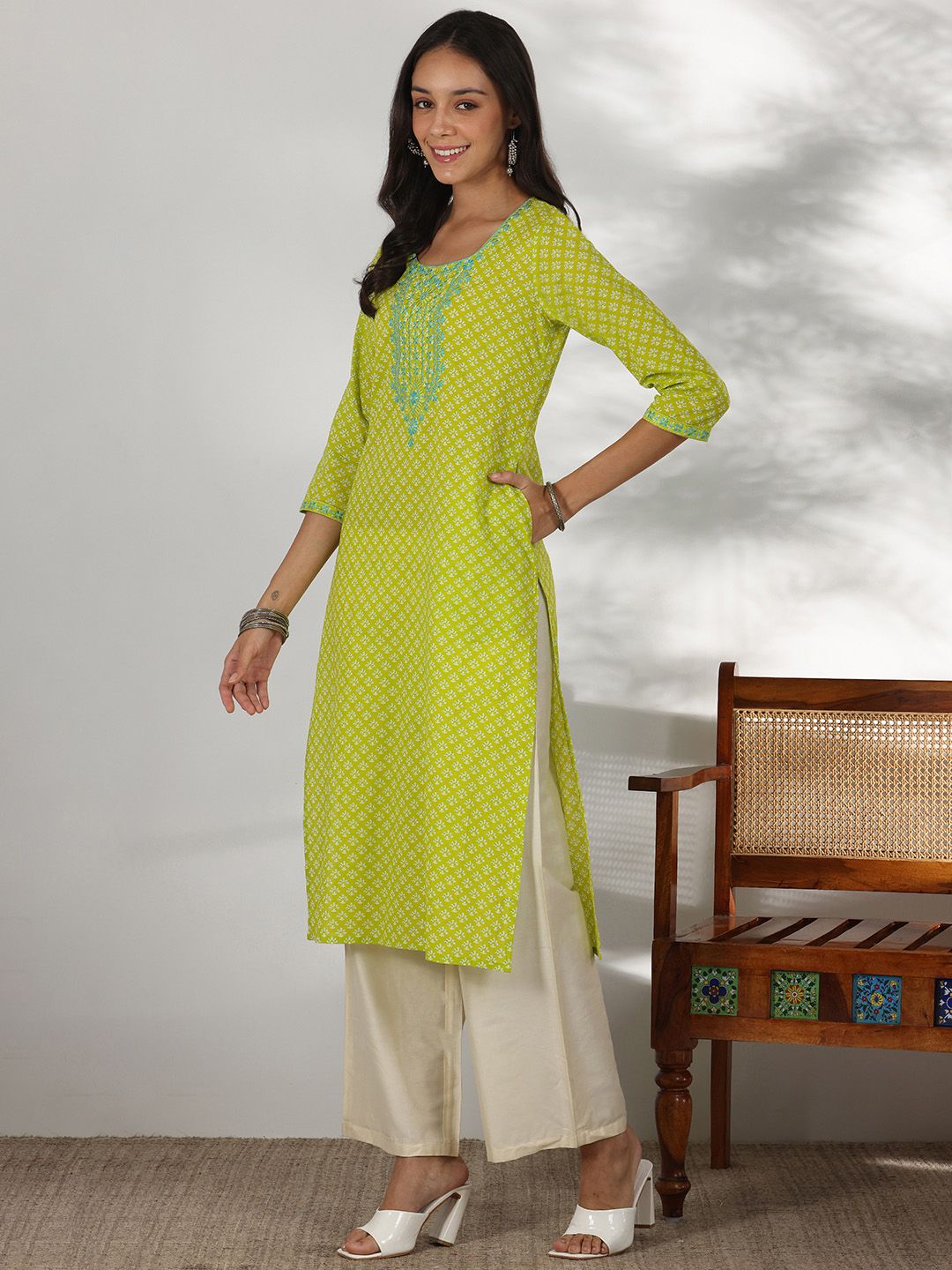 Libas Floral Printed Round Neck Thread WorkCotton Straight Kurta