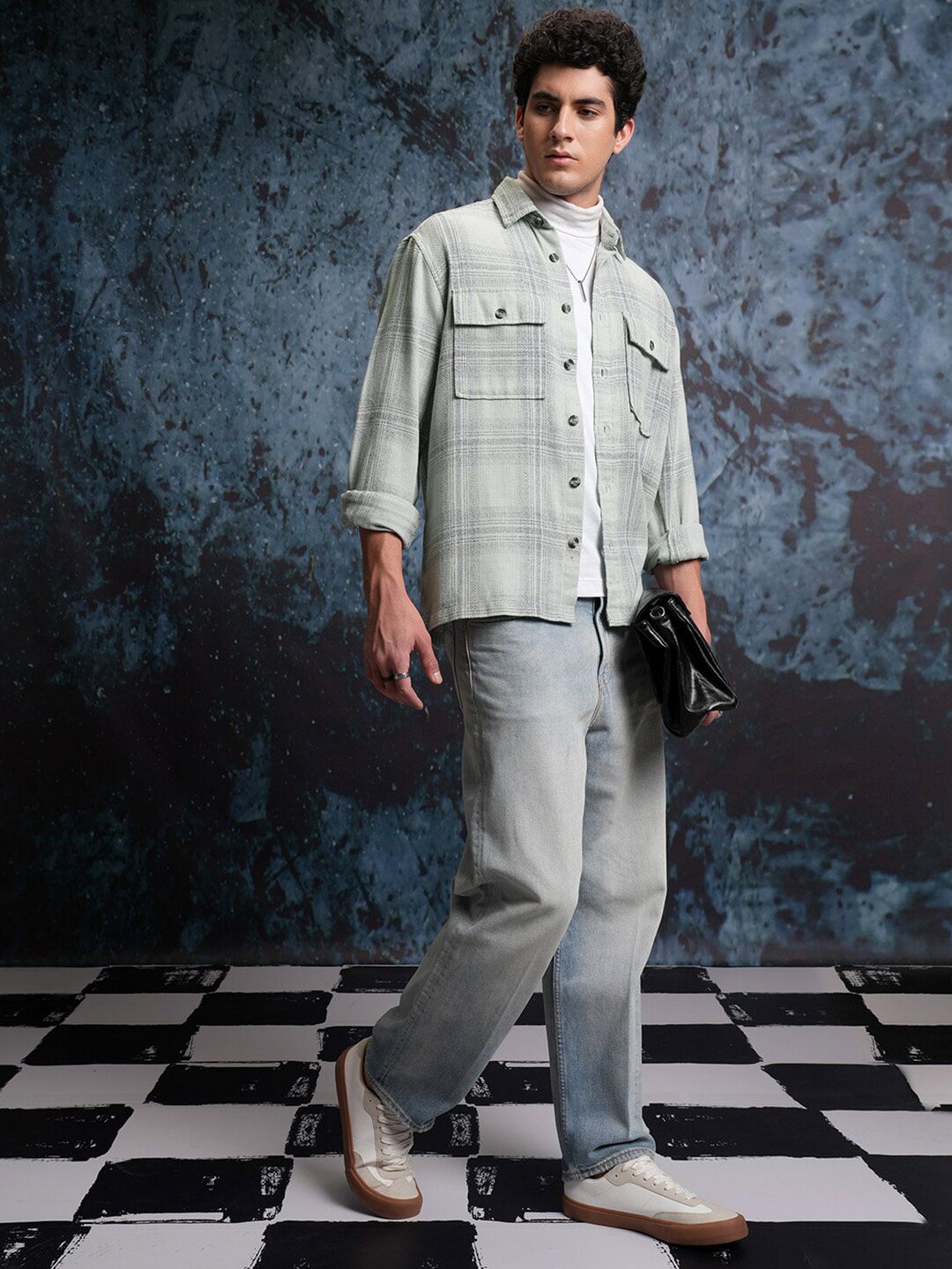 Locomotive Grindle Mock Lino Dobby Textured Tartan Checked Oversized Overshirt