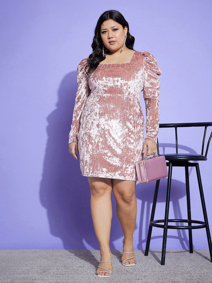 SASSAFRAS Curve Plus Size Sequin Embellished Square Neck Puff Sleeves Sheath Dress