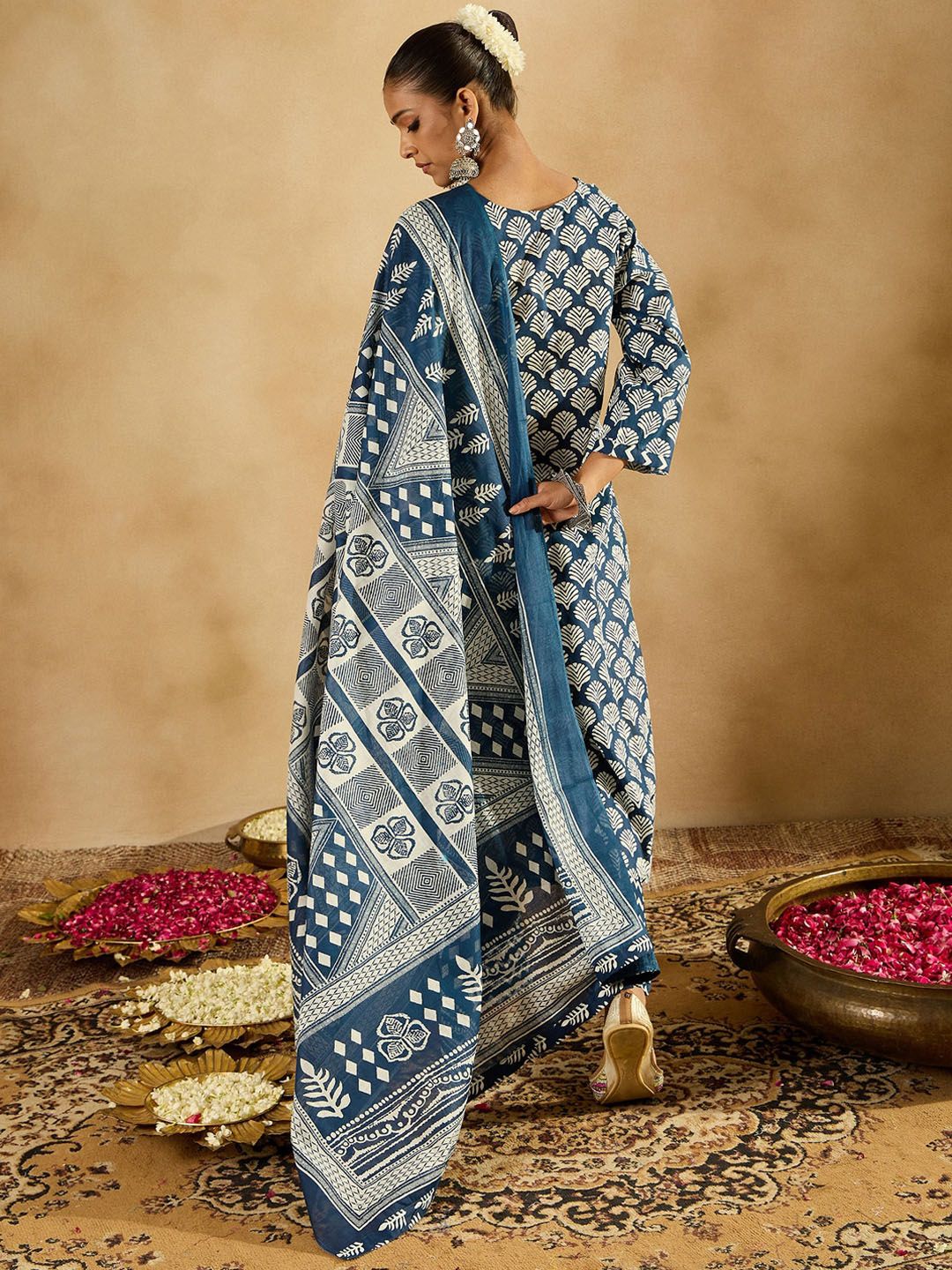 Indo Era Blue Ethnic Motifs Printed Straight Round Neck Thread Work Pure Cotton Kurta Set