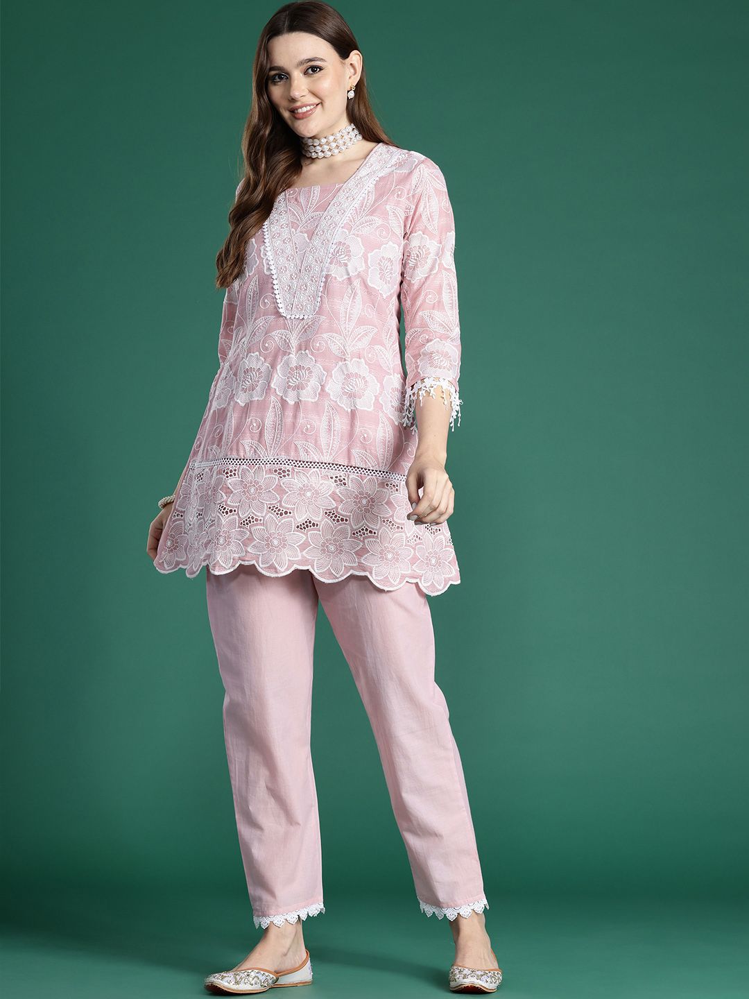 Indo Era Floral Embroidered Pure Cotton Co-Ords