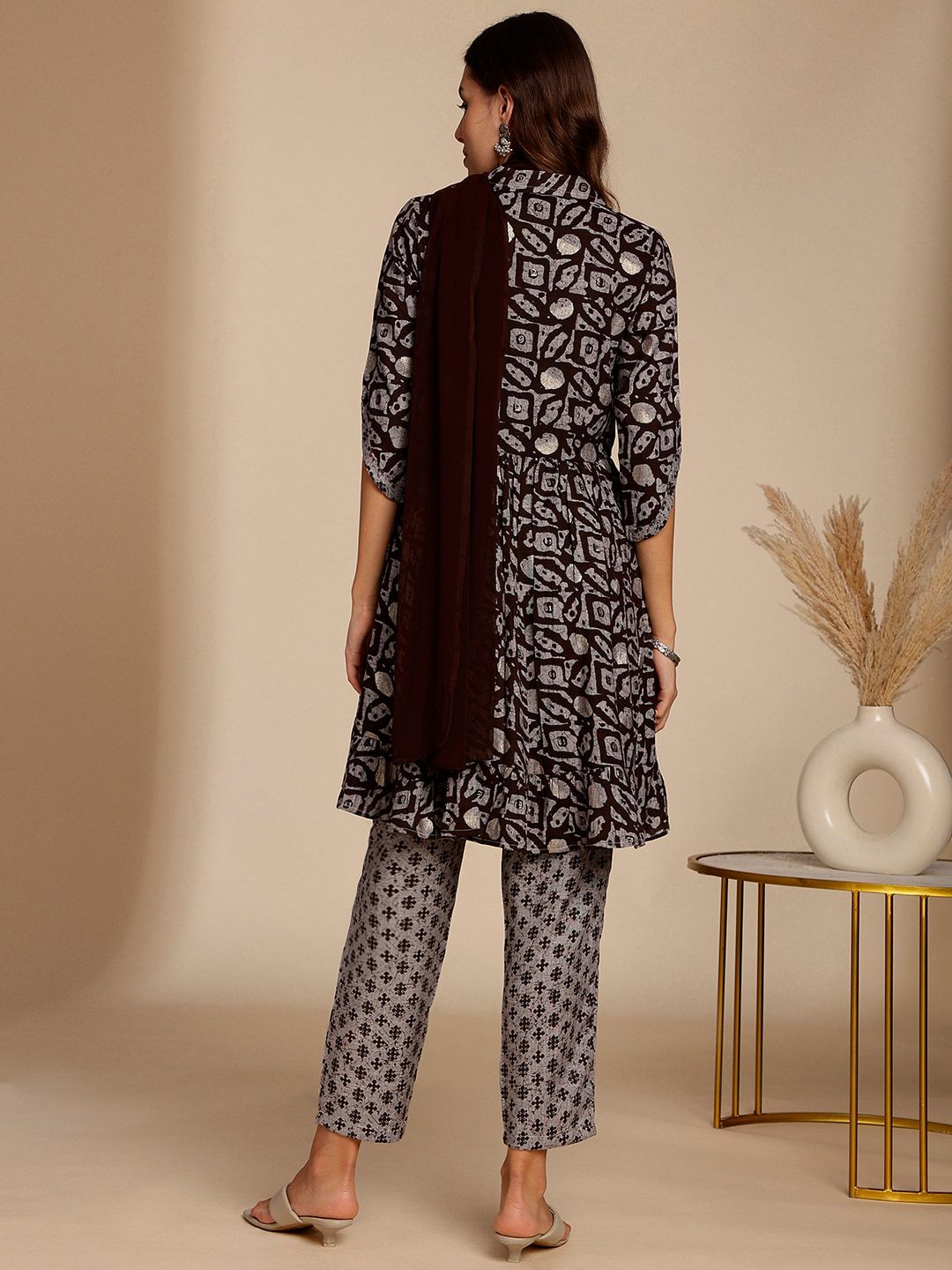 Anouk Brown Abstract Printed A-Line Kurta with Trousers & Dupatta