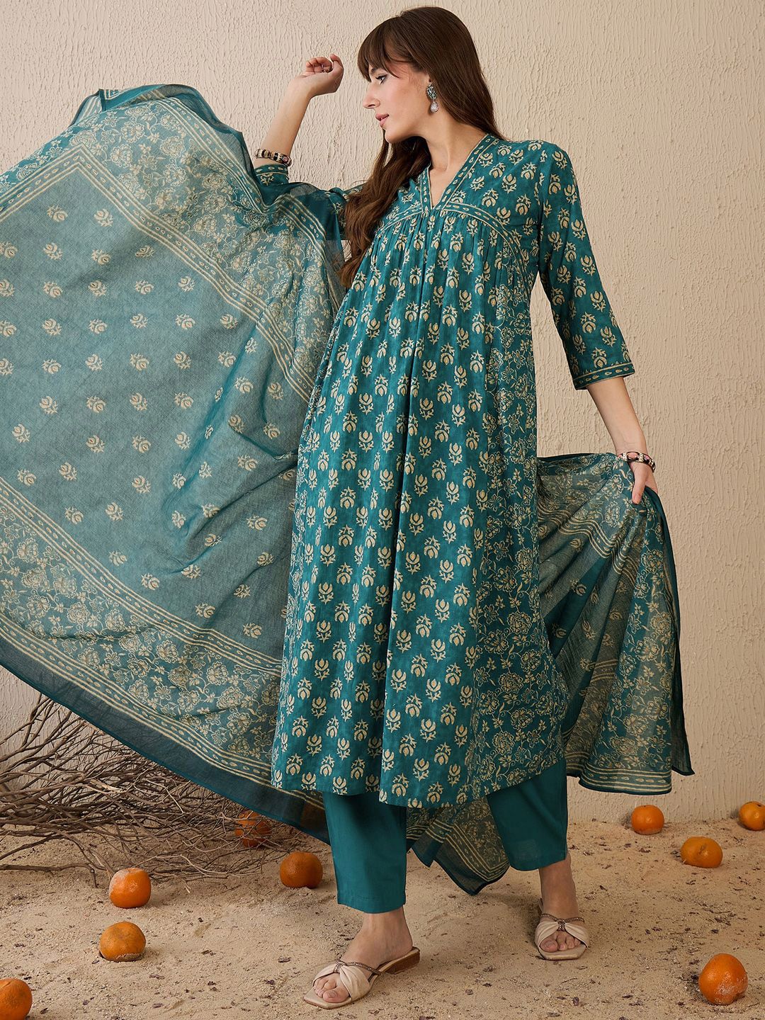 Indo Era Women Floral Printed Empire Pure Cotton Kurta with Trousers & With Dupatta