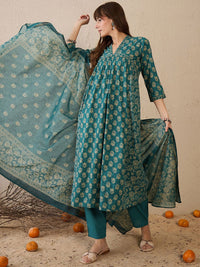 Indo Era Women Floral Printed Empire Pure Cotton Kurta with Trousers & With Dupatta