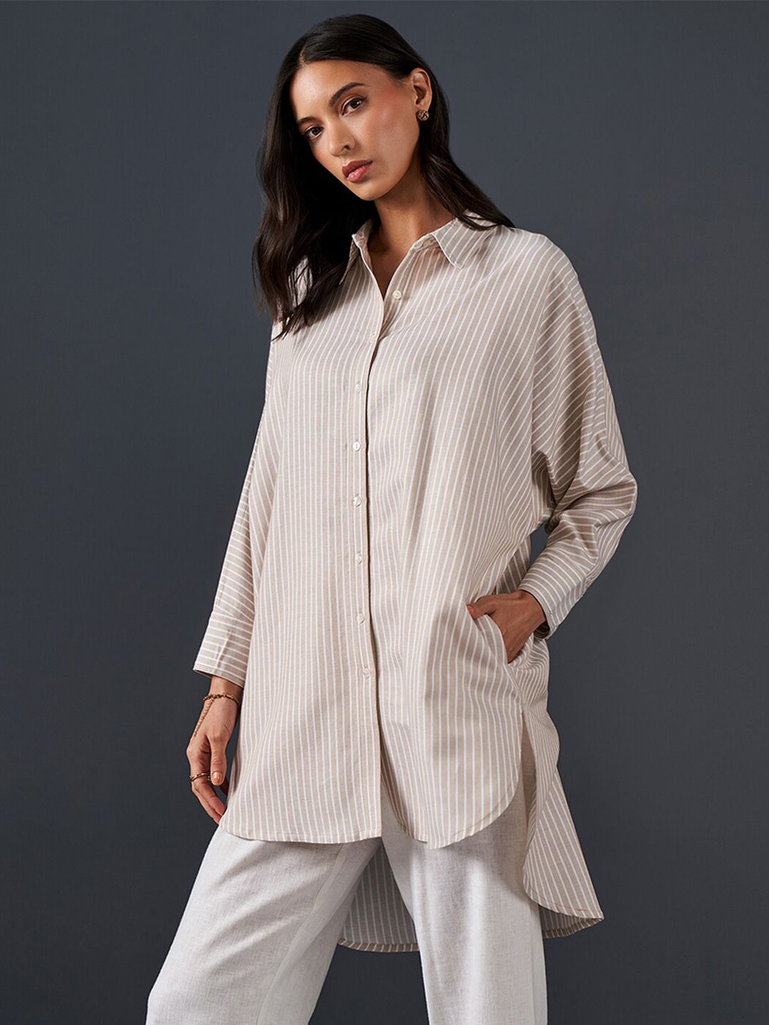 AND Striped Pure Cotton Longline Shirt Style Top