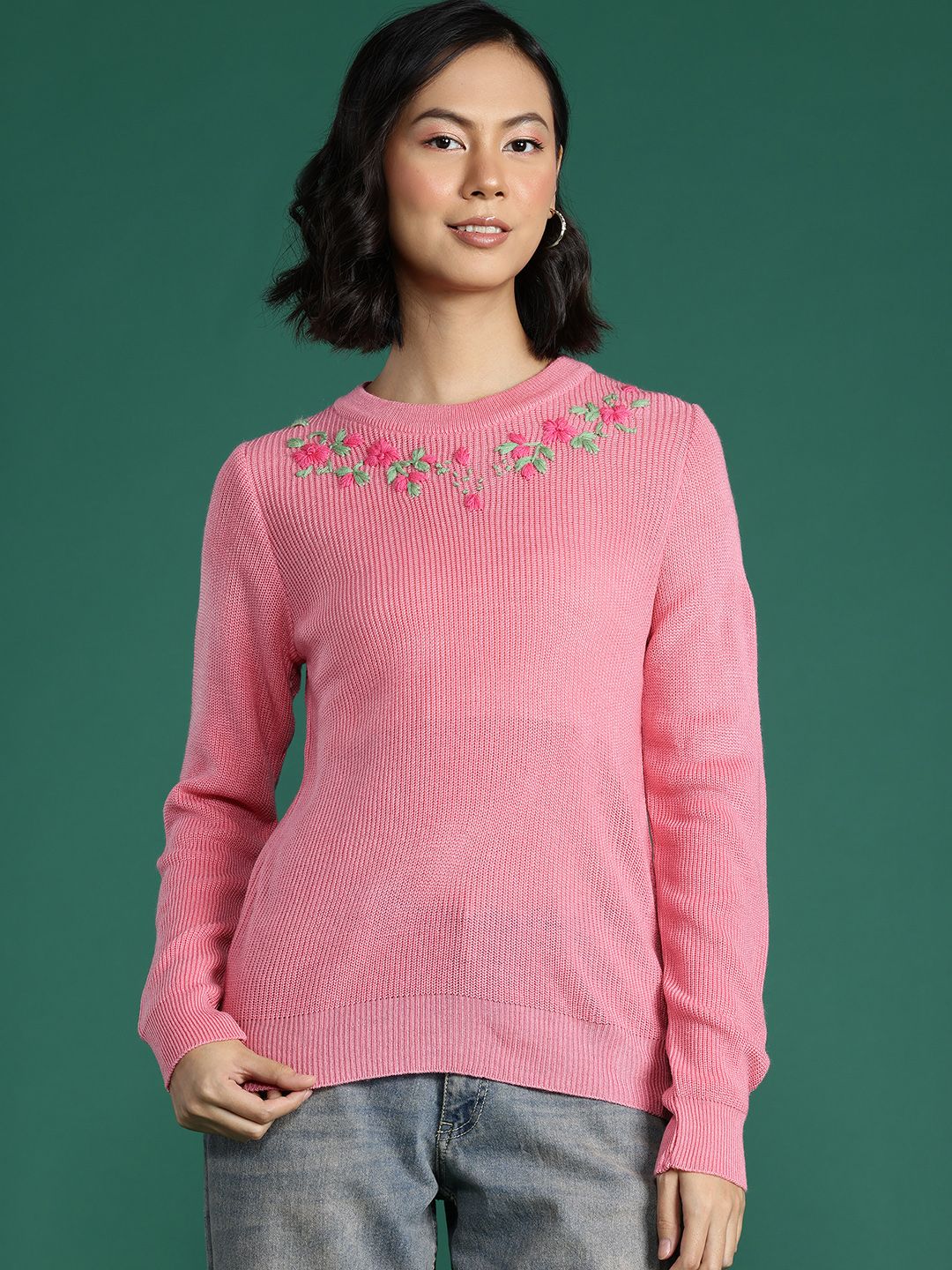 DressBerry Women Floral Embroidered Acrylic Pullover