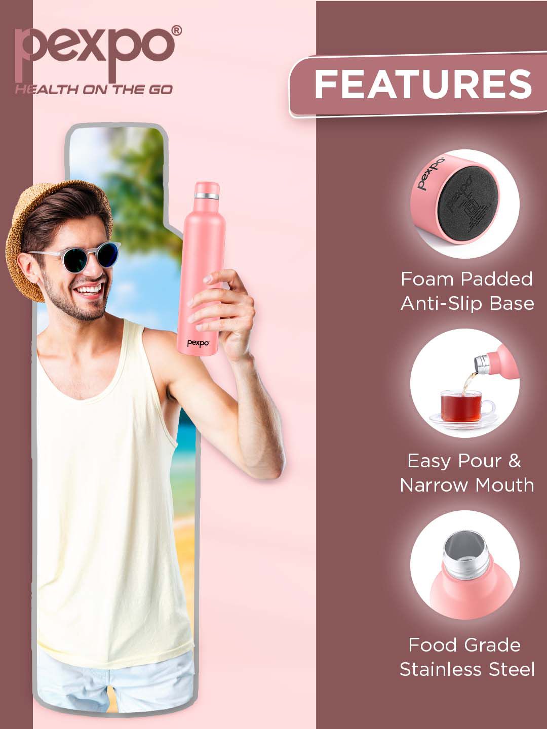 Pexpo Oreo Pink Solid Stainless Steel Double Wall Vacuum Water Bottle - 1L