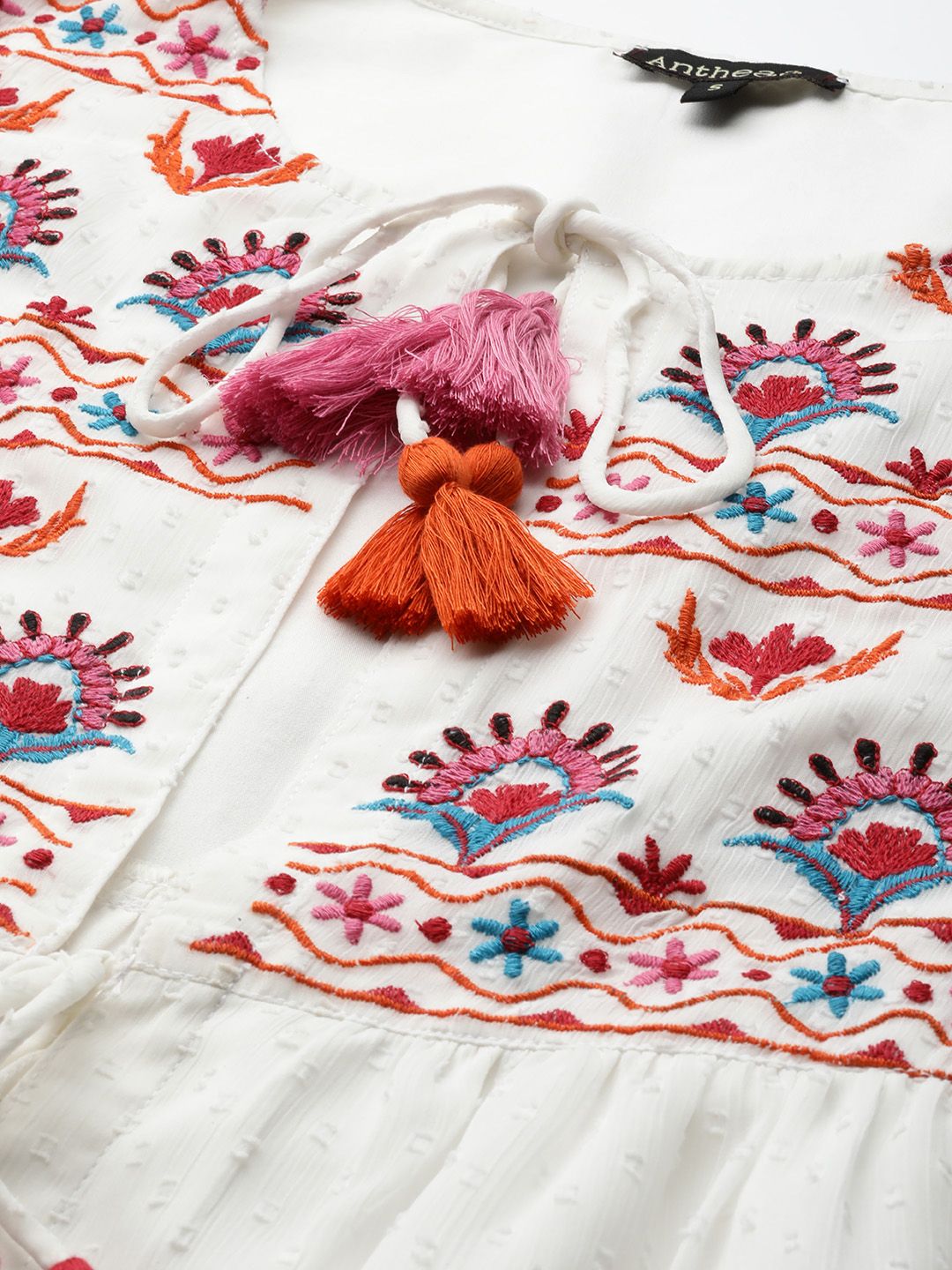 Antheaa Women Off White & Pink Printed Embroidered Tie-Up Shrug