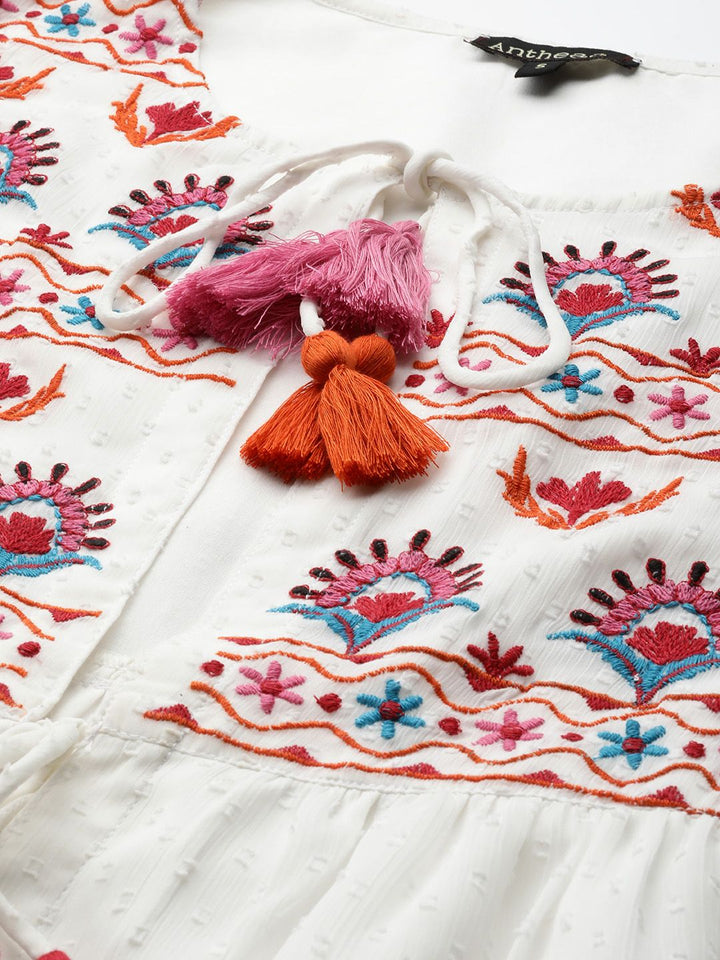 Antheaa Women Off White & Pink Printed Embroidered Tie-Up Shrug
