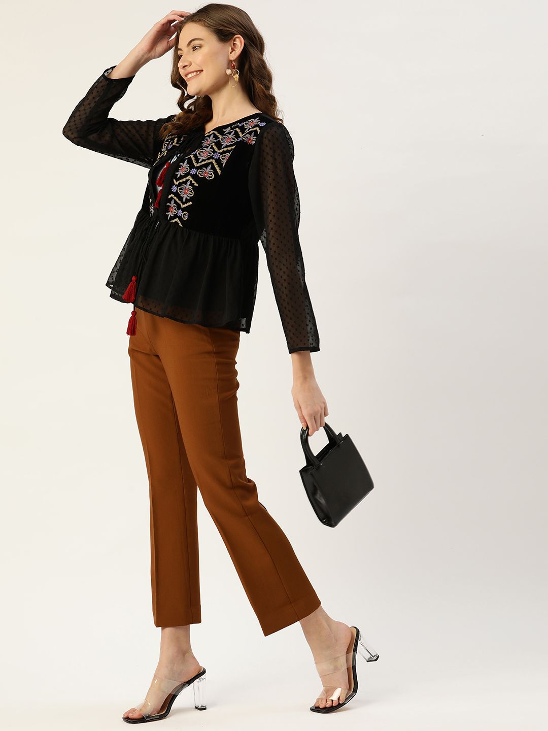 Antheaa Women Black & Blue Embroidered Tie-Up Shrug