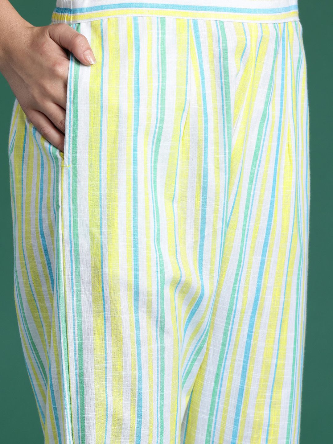 Indo Era Women Striped Regular Thread Work Pure Cotton Kurta with Trousers