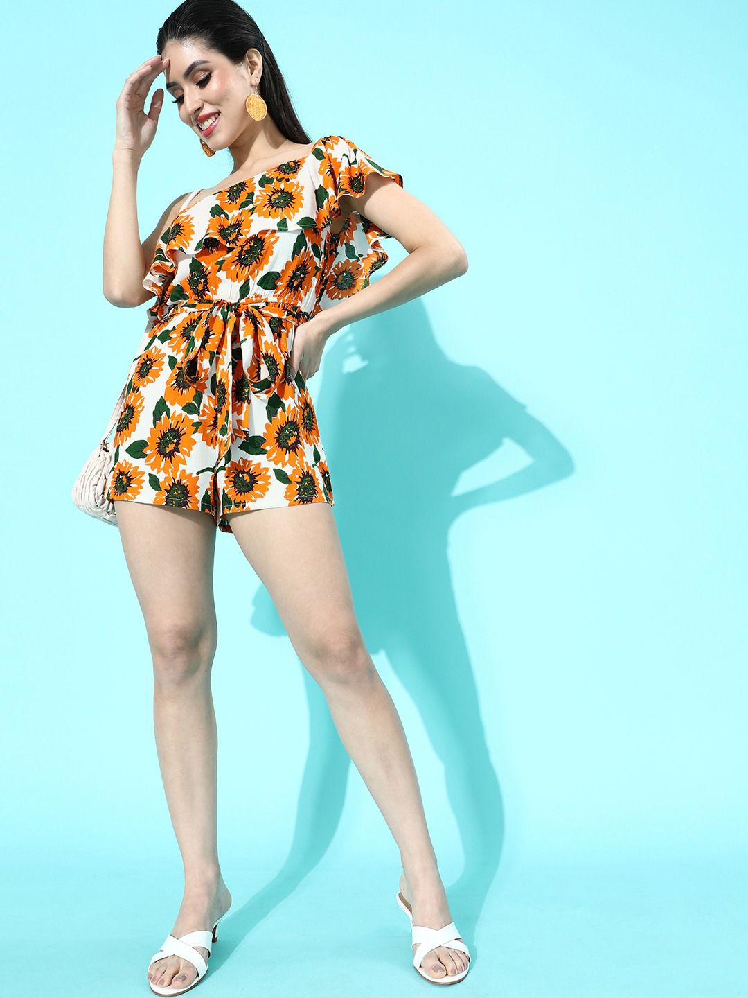 Berrylush Women Bright Yellow Printed One-Shoulder Jumpsuit