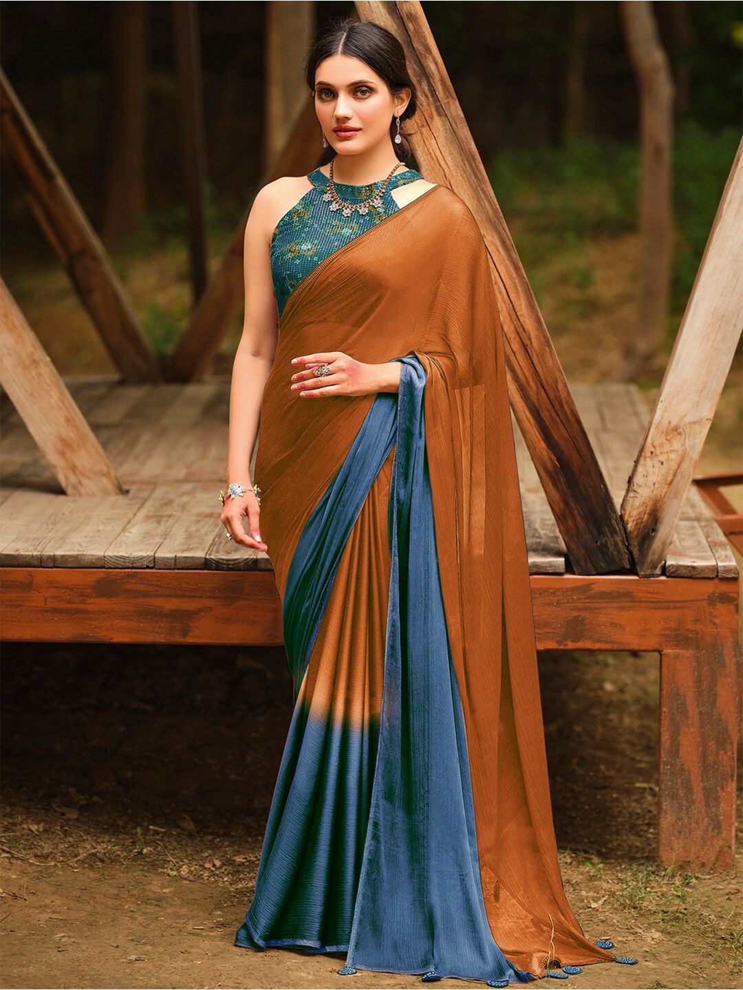 Saree mall Ombre Beads and Stones Pure Chiffon Sarees