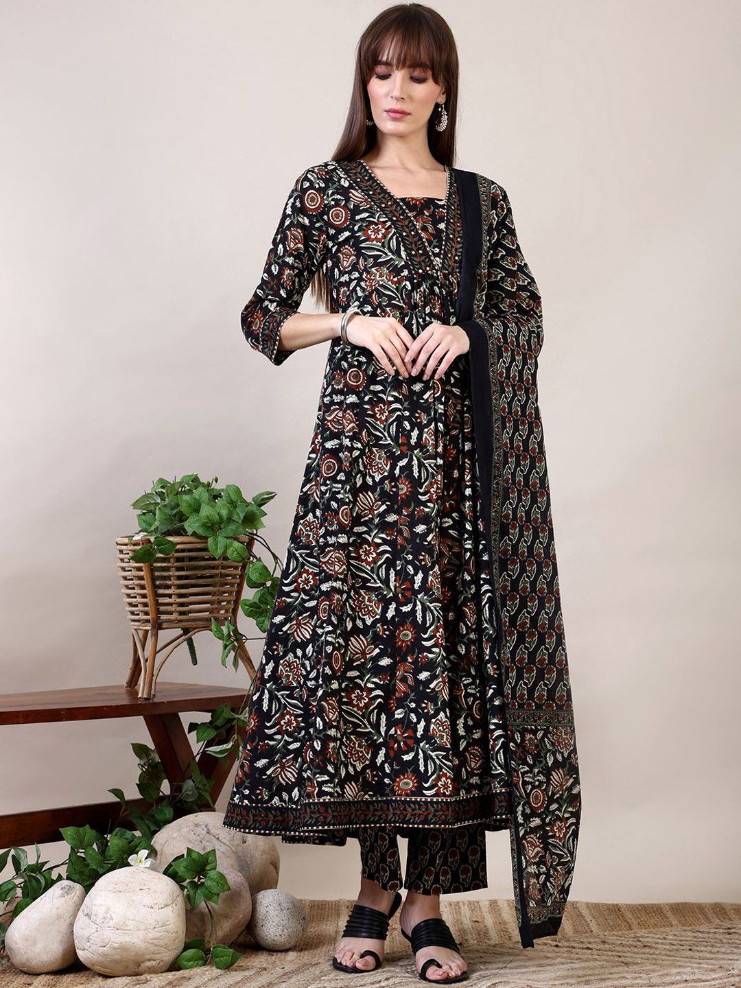 KALINI Floral Printed Empire Mirror Work Kurta with Trouser & Dupatta