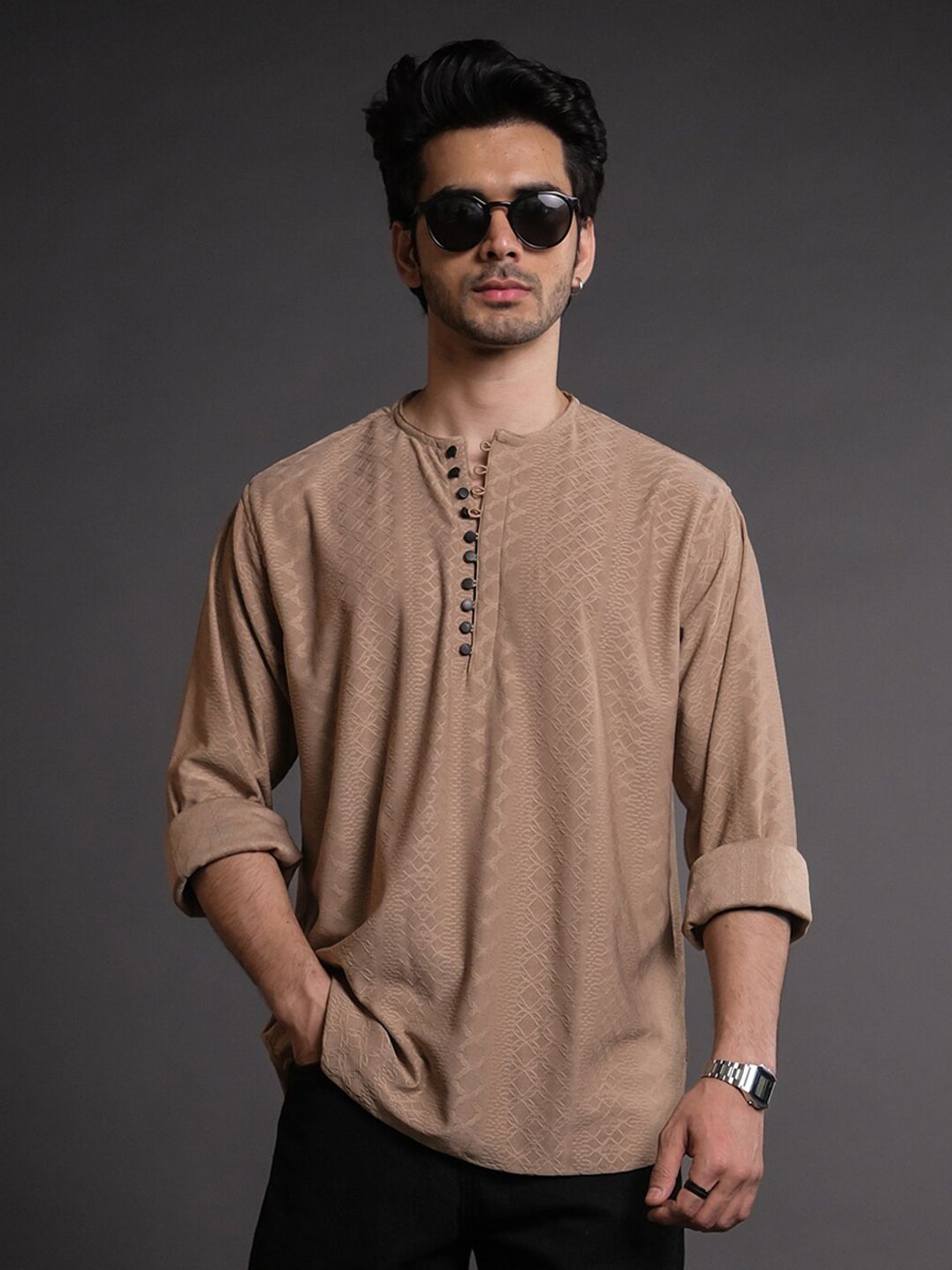 Powerlook Brown Self Design Half Placket Casual Shirt
