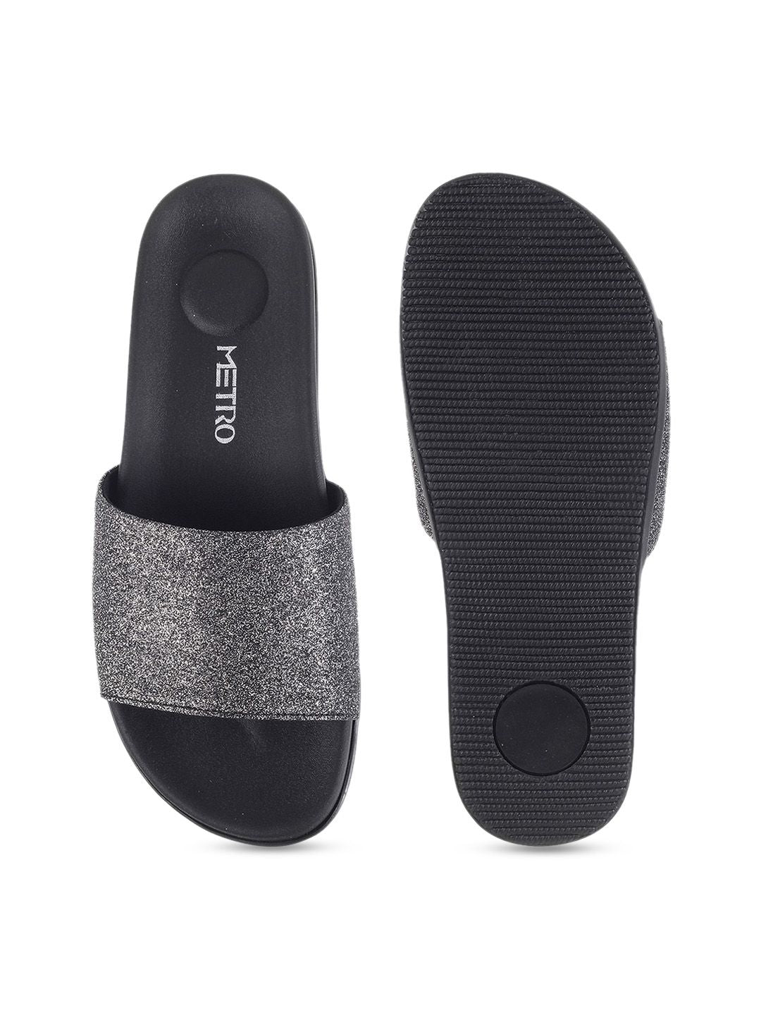Metro Women Gunmetal-Toned Shimmer Open Toe Flats