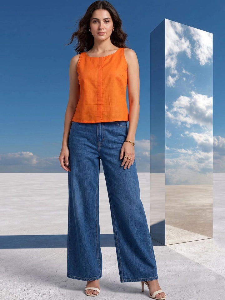 Mamicha Women Orange Slub Woven Keyhole Back Tie-Up Sleeveless Top