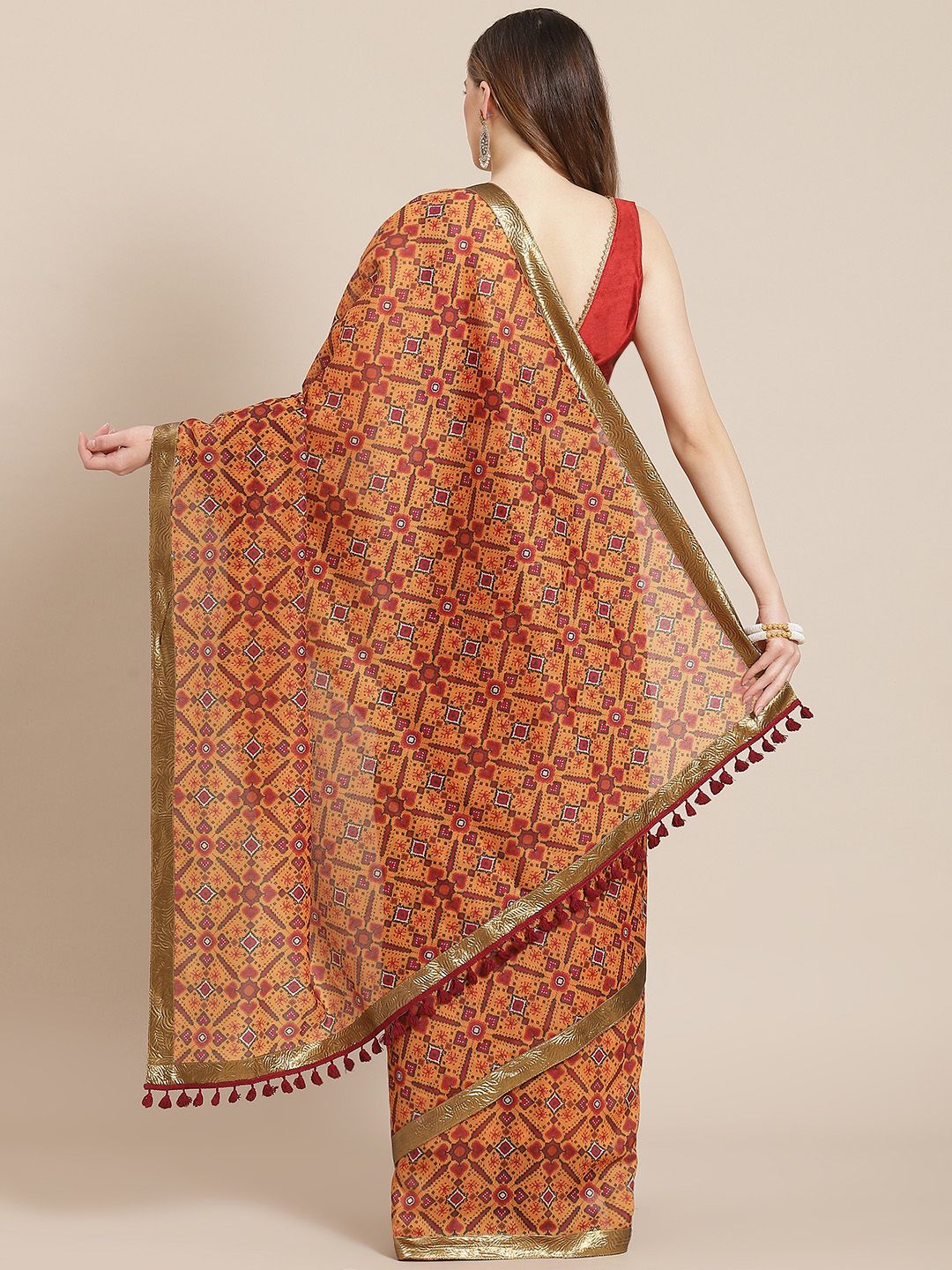 Shae by SASSAFRAS Mustard Yellow & Green Ethnic Motifs Print Patola Saree