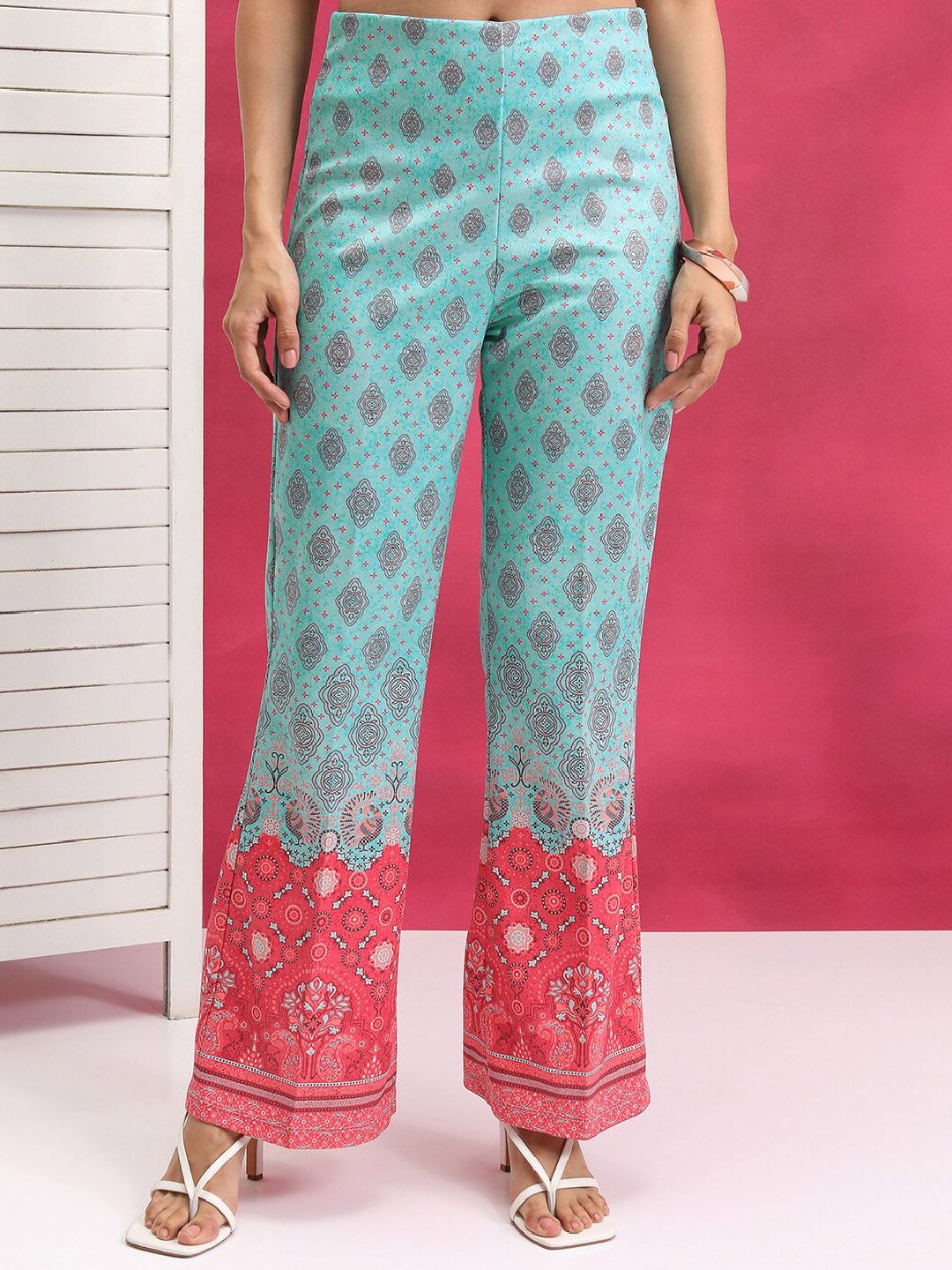 Vishudh Turquoise Blue Printed Mandarin Collar Shirt With Trouser