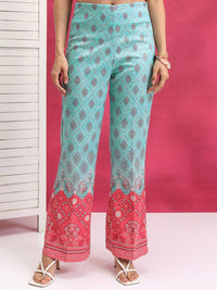 Vishudh Turquoise Blue Printed Mandarin Collar Shirt With Trouser