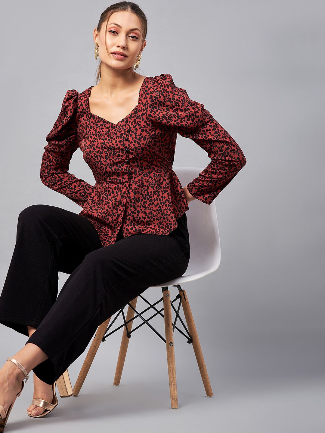Antheaa Rust Red & Black Animal Printed Sweetheart Neck Top and Trousers