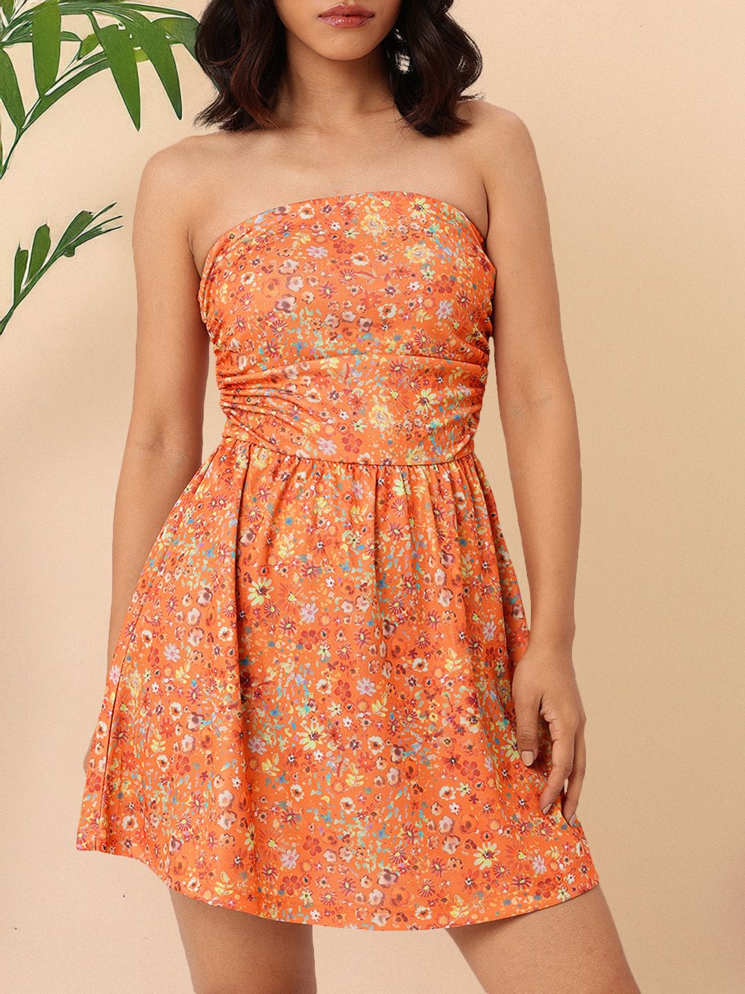 DressBerry Chic Blooming Printed Gathered Bandeau Mini Dress