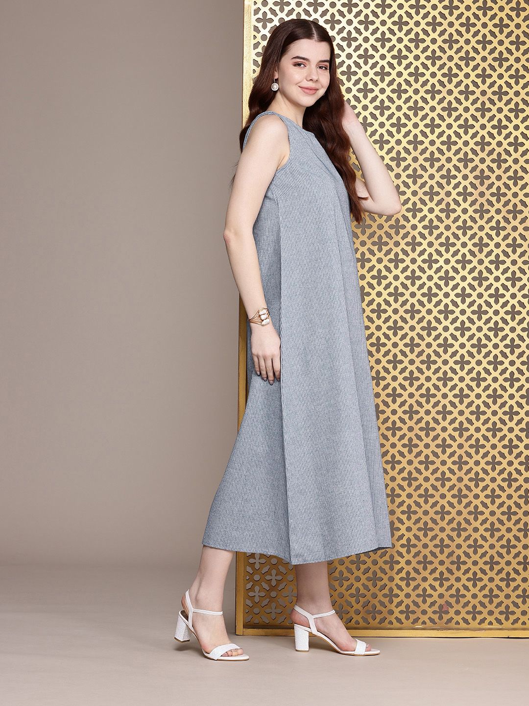 House of Pataudi Pure Cotton Striped A-Line Midi Jashn Dress With Overcoat