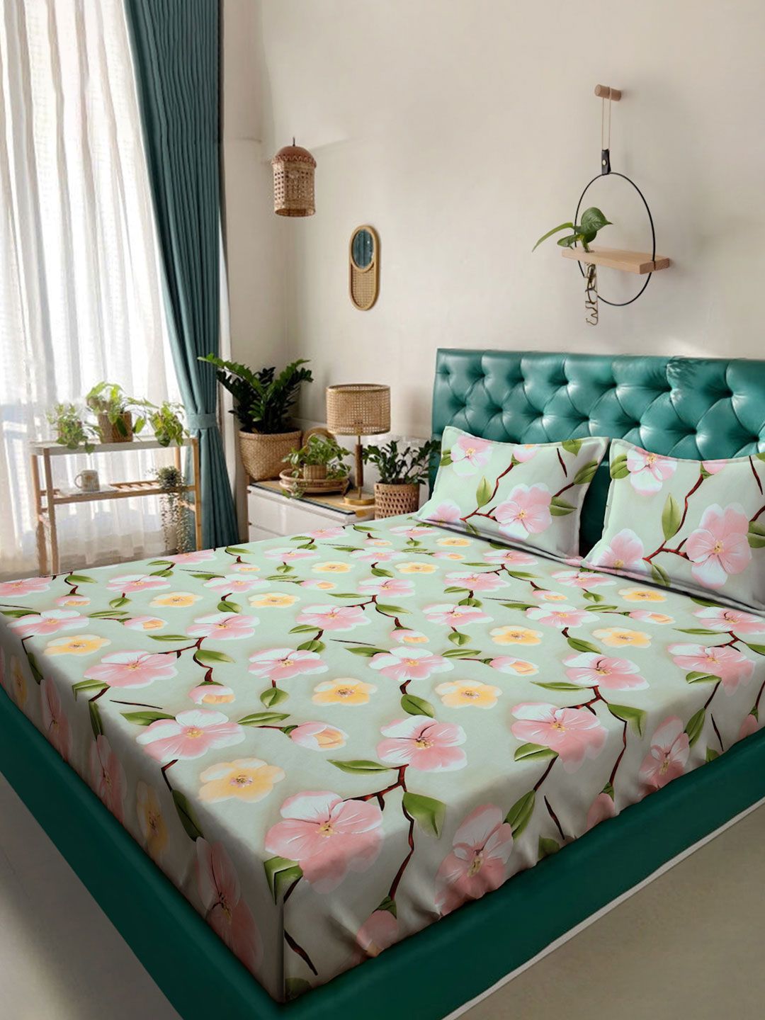 KLOTTHE Green & Yellow Floral Printed 300 TC King Double 7D Bedsheet With 2 Pillow Covers