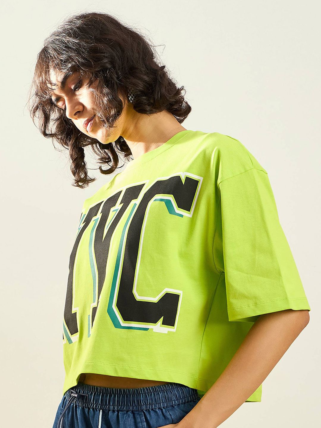 SASSAFRAS Green Typography Printed Round Neck Pure Cotton Oversized Crop T-shirt