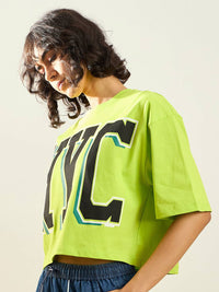 SASSAFRAS Green Typography Printed Round Neck Pure Cotton Oversized Crop T-shirt