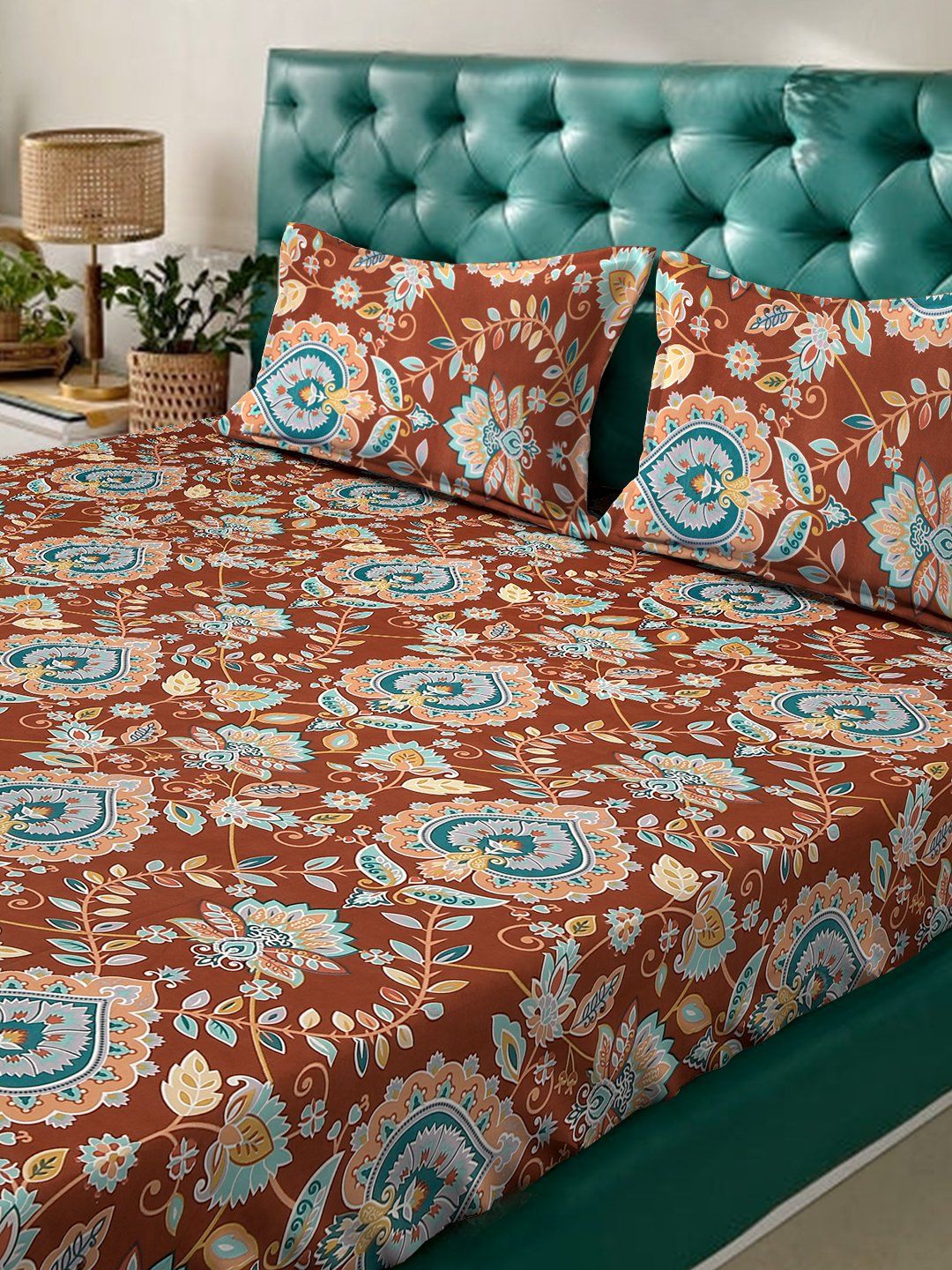 Myntra Elegant Homes Rust Floral 300 TC King Bedsheet with 2 Pillow Covers