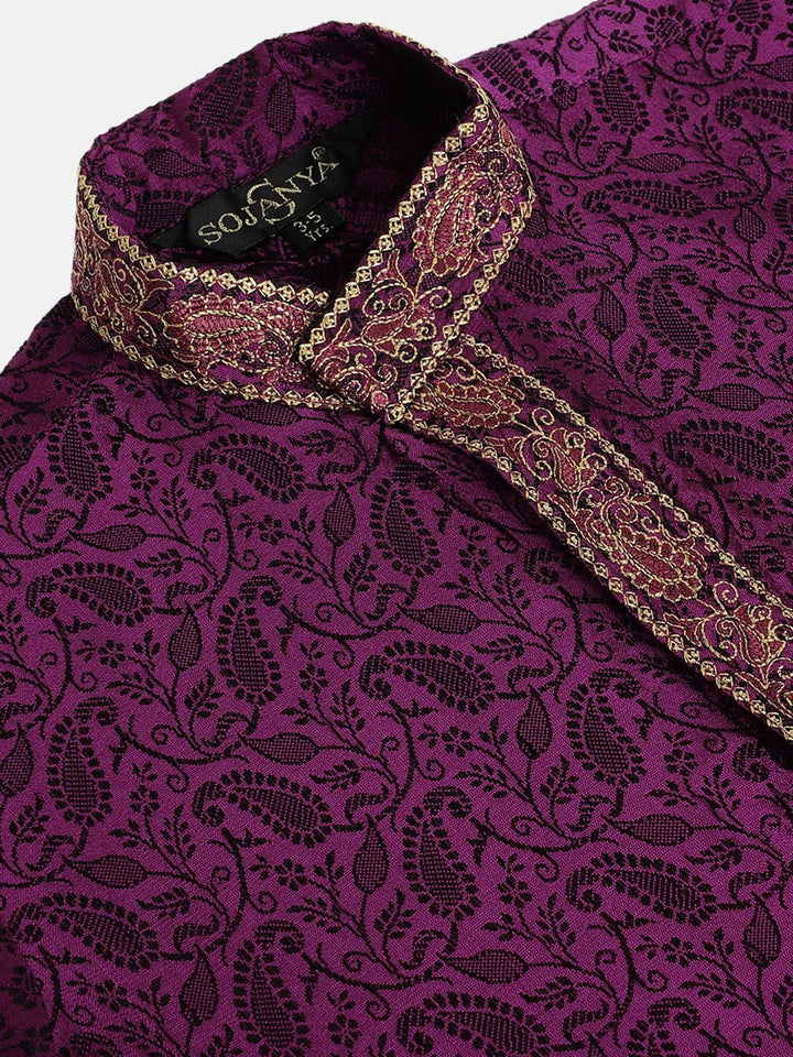 SOJANYA Boys Ungu & Black Design Tenunan Benang Kerja Band Kolar Kurta