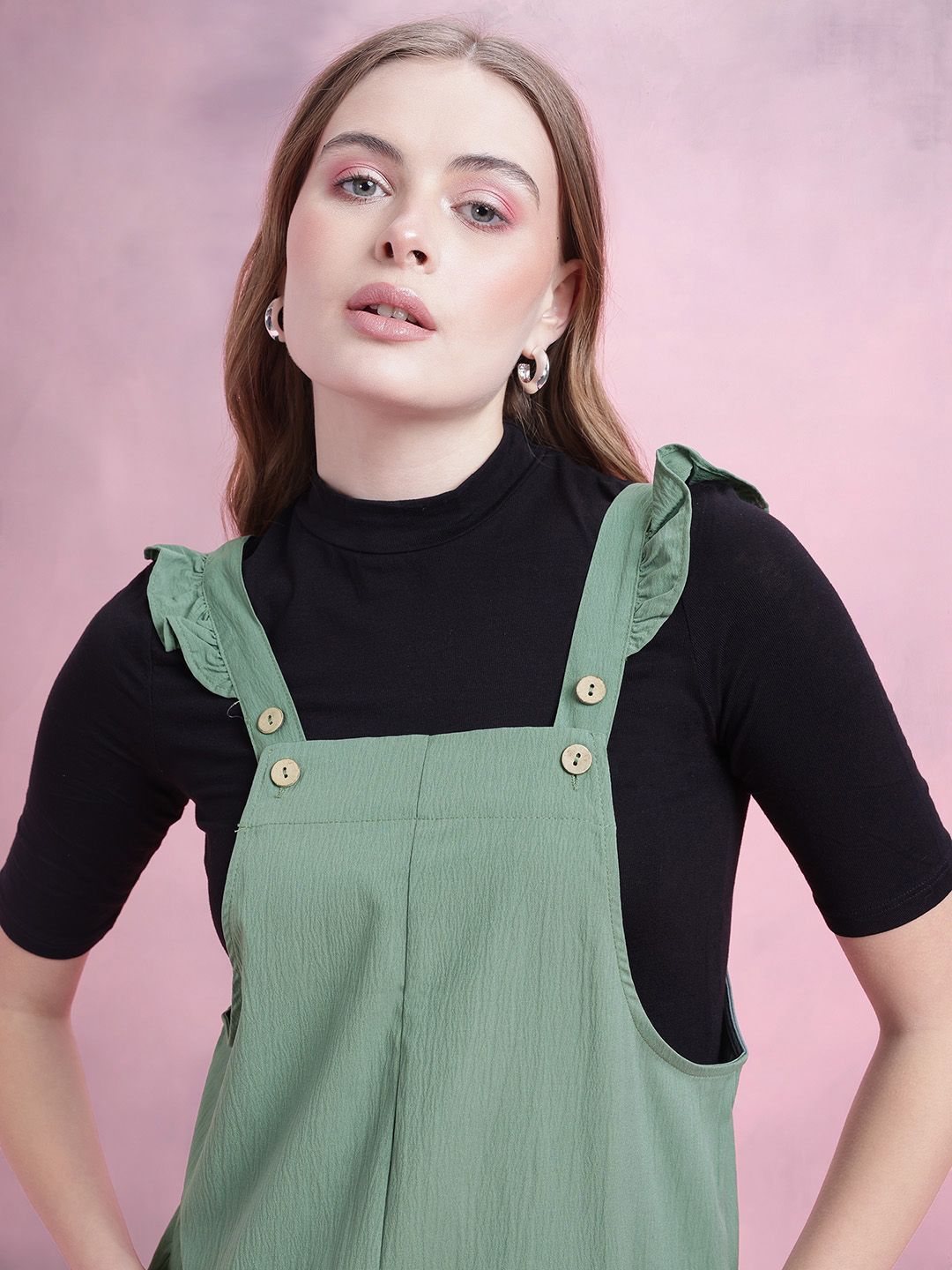DressBerry Crinkled Effect Flutter Sleeves Pinafore Mini Dress with Pockets