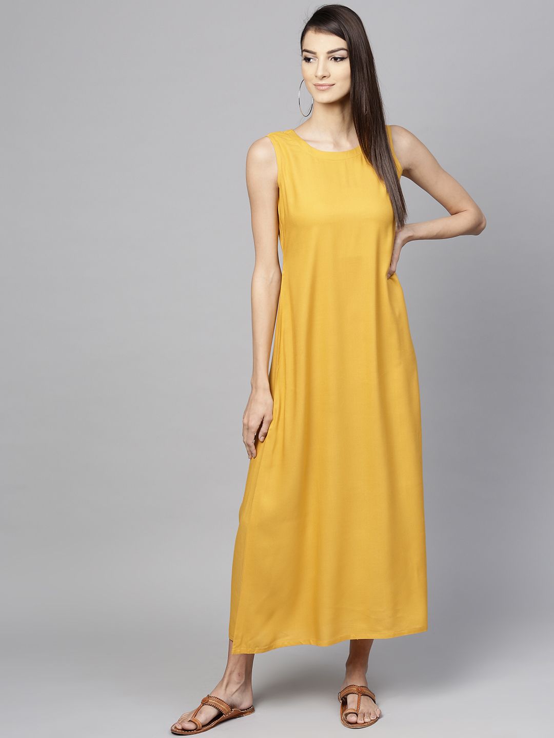Libas Women Mustard Yellow Solid Maxi Dress with Ethnic Jacket