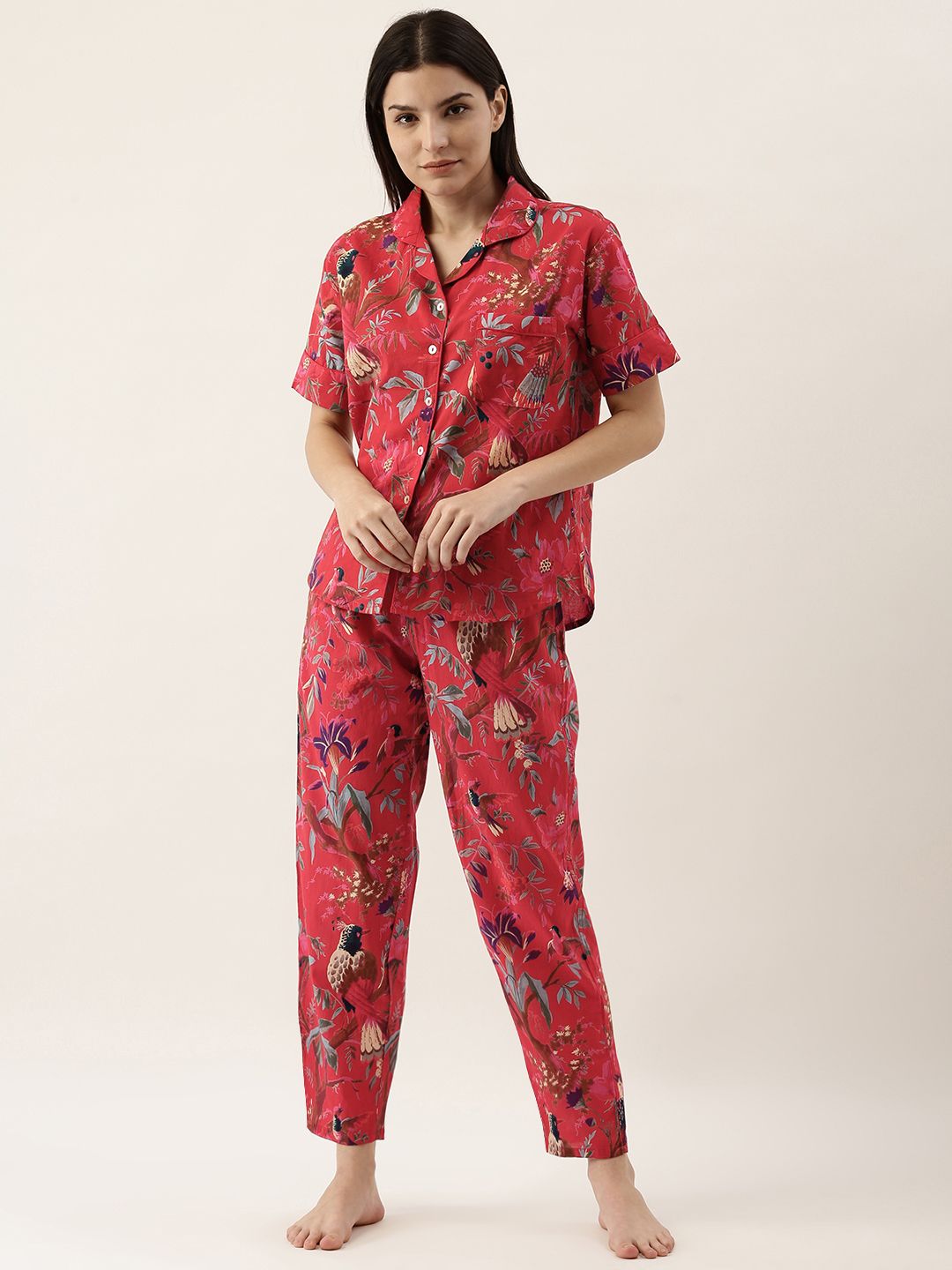 Sanskrutihomes Wanita Red & Grey Printed Pure Cotton Night Suit