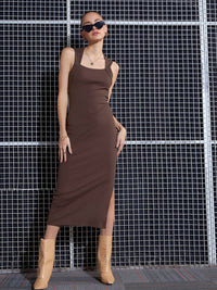 SASSAFRAS Brown Rib Side Slit Bodycon Midi Dress