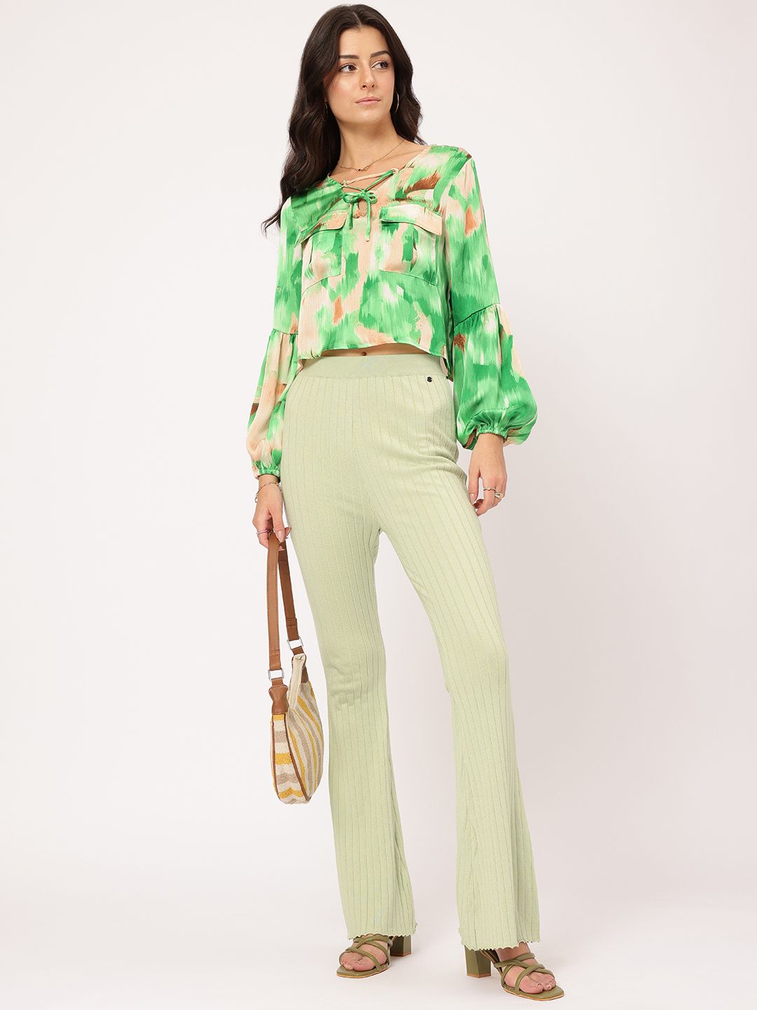 DressBerry Modern Muse Printed Lace-Up Flap Pocketed Satin Top