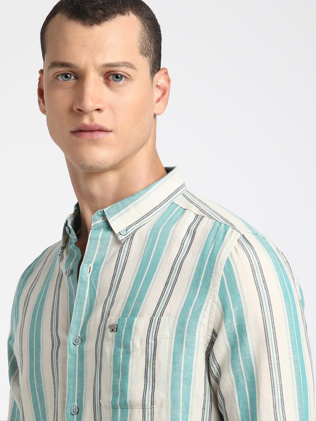 THE BEAR HOUSE Button-Down Collar Slim Fit Striped Casual Cotton Linen Shirt
