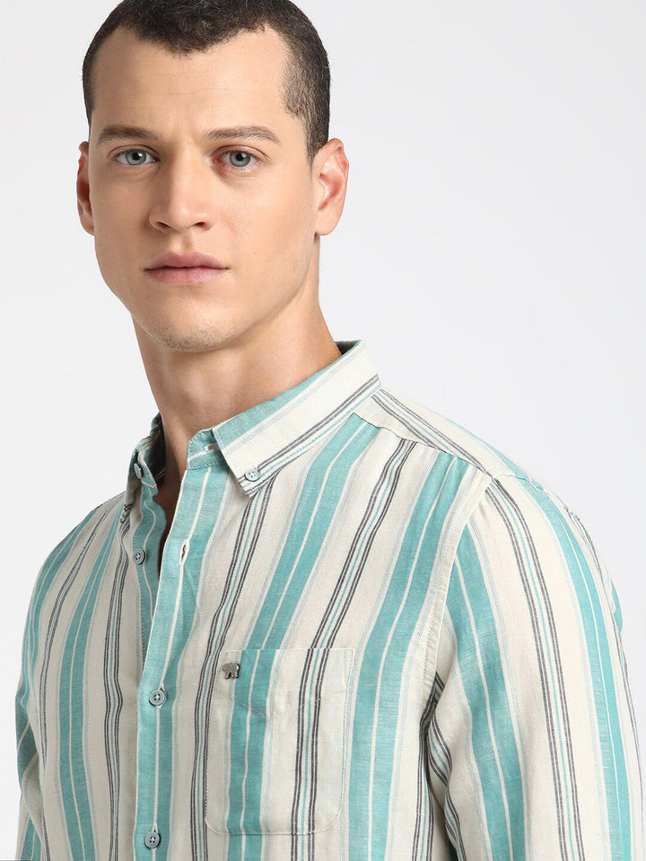 THE BEAR HOUSE Button-Down Collar Slim Fit Striped Casual Cotton Linen Shirt
