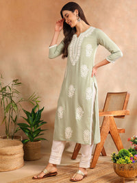 KALINI Floral Embroidered Notch Neck Chikankari Straight Kurta