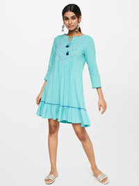 Global Desi Blue Tie-Up Neck Drop-Waist Pure Cotton Dress