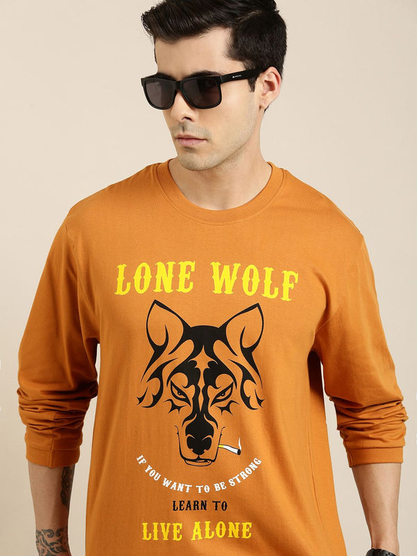 Difference of Opinion Men Tan Brown Printed Pure Cotton Loose Longline T-shirt