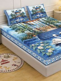 KLOTTHE Blue & White Floral 400 TC King Bedsheet with 2 Pillow Covers