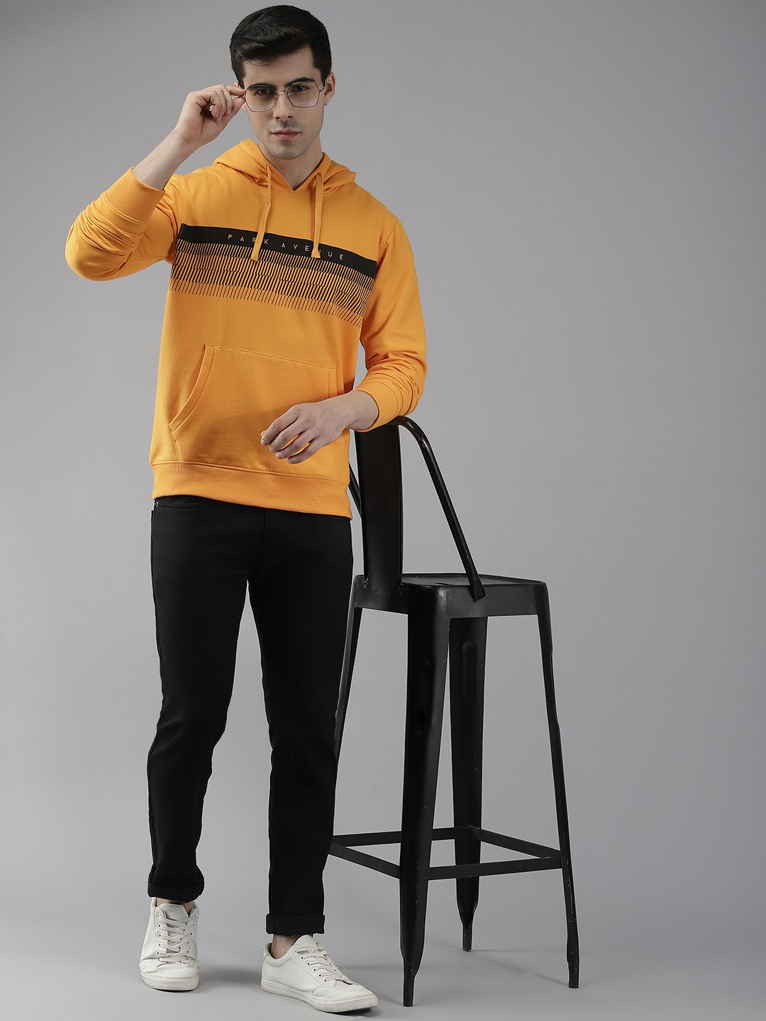 Park Avenue Men Mustard Yellow Striped Hooded Sweatshirt